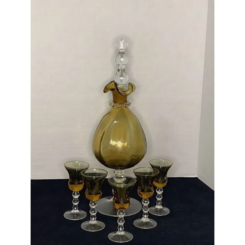Rare Vintage Italian Amber Decanter with Stopper and 5 Matching Cordial Glasses